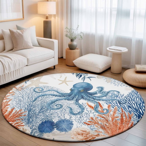 Round Area Rugs 7Ft, Coastal Blue Octopus Non-Slip Washable Circle Rugs Carpet, Summer Nautical Marine Life Leaves Indoor Outdoor Rug Floor Mats Throw Runner for Bedroom Living Room Bathroom