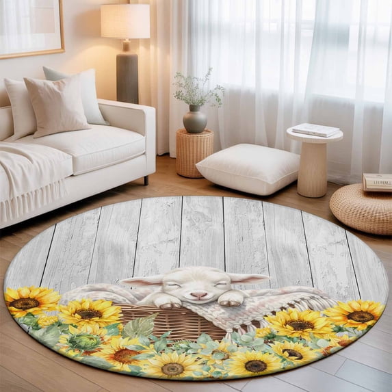 Round Area Rugs 7Ft, Farmhouse Sheeps Non-Slip Washable Circle Rugs Carpet, Country Cabins Sunflowers Wooden Grain Indoor Outdoor Rug Floor Mats Throw Runner for Bedroom Living Room Bathroom