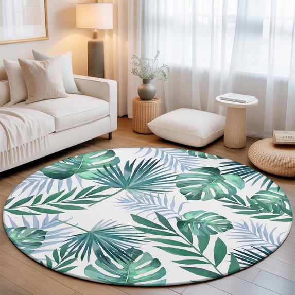 Round Area Rugs 7Ft, Green Monstera Leaves Non-Slip Washable Circle Rugs Carpet, Tropical Blue Palm Leaf Botanical Summer Indoor Outdoor Rug Floor Mats Throw Runner for Bedroom Living Room Bathroom