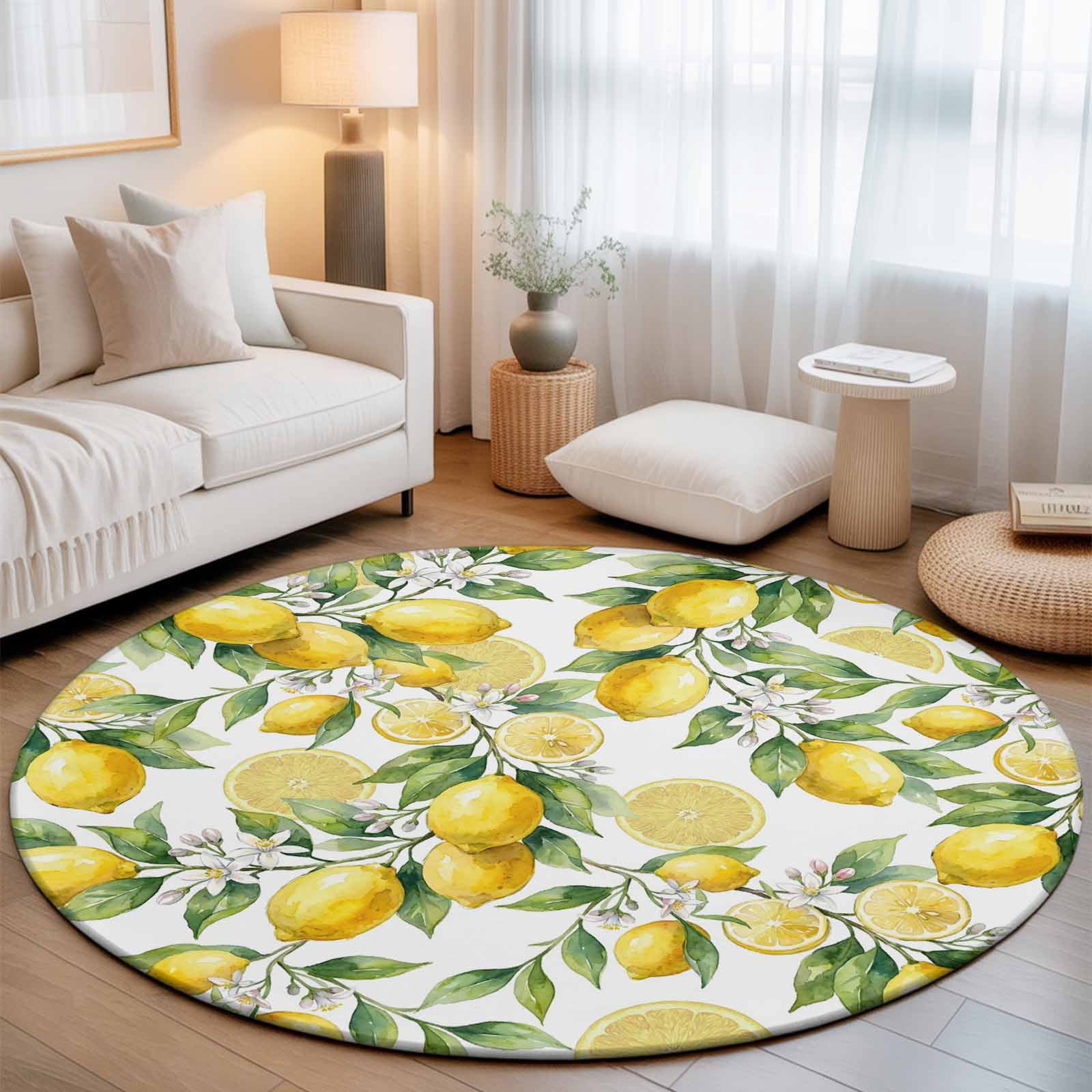 Round Area Rugs 7Ft, Lemon Non-Slip Washable Circle Rugs Carpet, Yellow Fruits Summer Watercolor Botanical Leaf Plant Indoor Outdoor Rug Floor Mats Throw Runner for Bedroom Living Room Bathroom