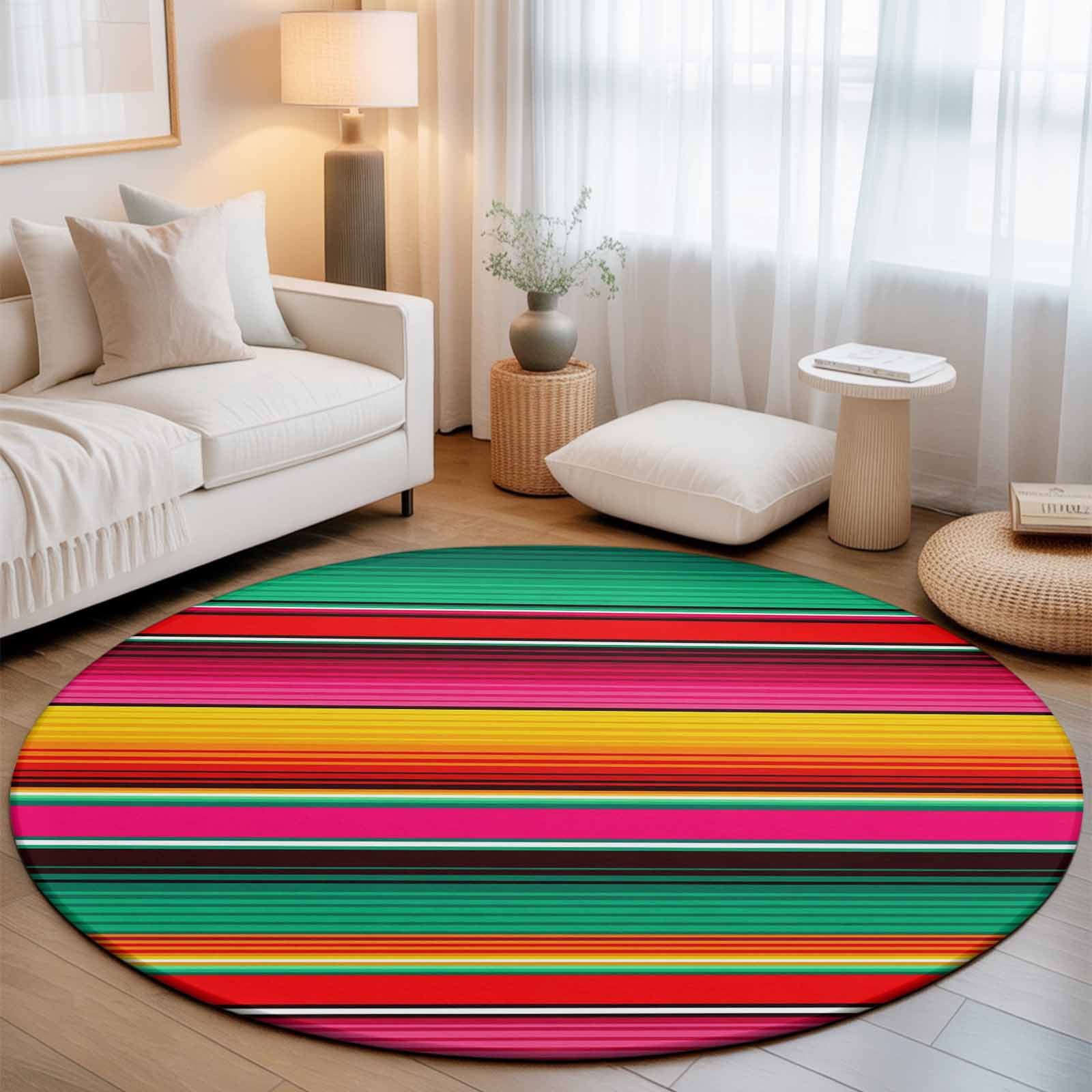 Round Area Rugs 7Ft, Mexican Style Non-Slip Washable Circle Rugs Carpet, Colorful Mexico Stripes Green Red Indoor Outdoor Rug Floor Mats Throw Runner for Bedroom Living Room Bathroom