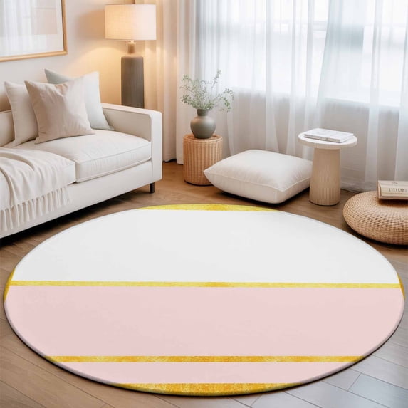 Round Area Rugs 7Ft, Modern Pink Gold Non-Slip Washable Circle Rugs Carpet, Minimalist Geometric Yellow Striped Indoor Outdoor Rug Floor Mats Throw Runner for Bedroom Living Room Bathroom