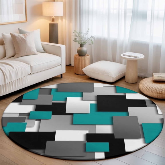 Round Area Rugs 7Ft, Modern Turquoise Grey Non-Slip Washable Circle Rugs Carpet, Abstract Geometric Color Blocks Indoor Outdoor Rug Floor Mats Throw Runner for Bedroom Living Room Bathroom