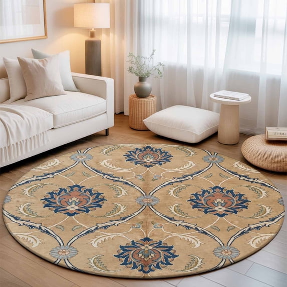 Round Area Rugs 7Ft, Orange Blue Beige Floral Non-Slip Washable Circle Rugs Carpet, Retro Botanical Abstract Vintage Indoor Outdoor Rug Floor Mats Throw Runner for Bedroom Living Room Bathroom