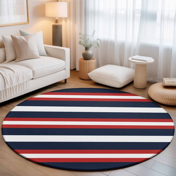 Round Area Rugs 7Ft, Red Navy Blue Striped Non-Slip Washable Circle Rugs Carpet, Contemporary Minimalist Aesthetic Indoor Outdoor Rug Floor Mats Throw Runner for Bedroom Living Room Bathroom
