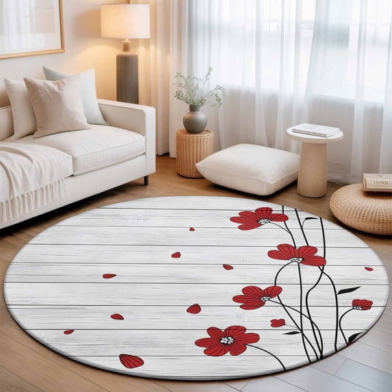 Round Area Rugs 7Ft, Red Poppy Flowers Non-Slip Washable Circle Rugs Carpet, Spring Modern Abstract Floral Wood Indoor Outdoor Rug Floor Mats Throw Runner for Bedroom Living Room Bathroom