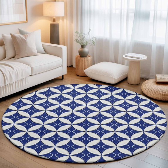 Round Area Rugs 7Ft, Retro Rhombus Non-Slip Washable Circle Rugs Carpet, Morocco Abstract Geometric Art Navy Blue Indoor Outdoor Rug Floor Mats Throw Runner for Bedroom Living Room Bathroom