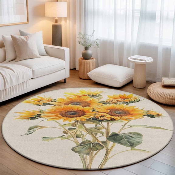 Round Area Rugs 7Ft, Sunflower Non-Slip Washable Circle Rugs Carpet, Rustic Pastoral Pastel Plant Floral Summer Indoor Outdoor Rug Floor Mats Throw Runner for Bedroom Living Room Bathroom