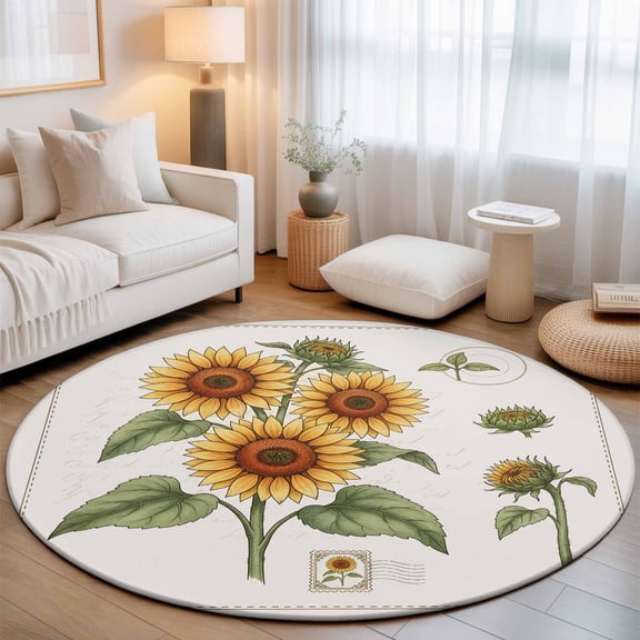 Round Area Rugs 7Ft, Sunflower Retro Non-Slip Washable Circle Rugs Carpet, Farmhouse Flowers Blossom Botanical Indoor Outdoor Rug Floor Mats Throw Runner for Bedroom Living Room Bathroom