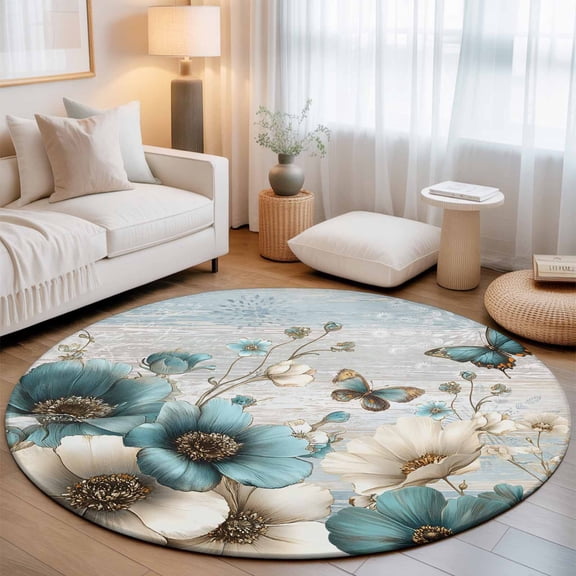 Round Area Rugs 7Ft, Teal Tulip Butterfly Non-Slip Washable Circle Rugs Carpet, Beige Turquoise Floral Farmhouse Blue Indoor Outdoor Rug Floor Mats Throw Runner for Bedroom Living Room Bathroom