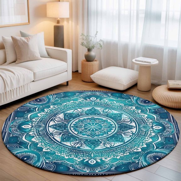 Round Area Rugs 7Ft, Turquoise Boho Non-Slip Washable Circle Rugs Carpet, Vintage Country Ethnic Abstract Motifs Indoor Outdoor Rug Floor Mats Throw Runner for Bedroom Living Room Bathroom