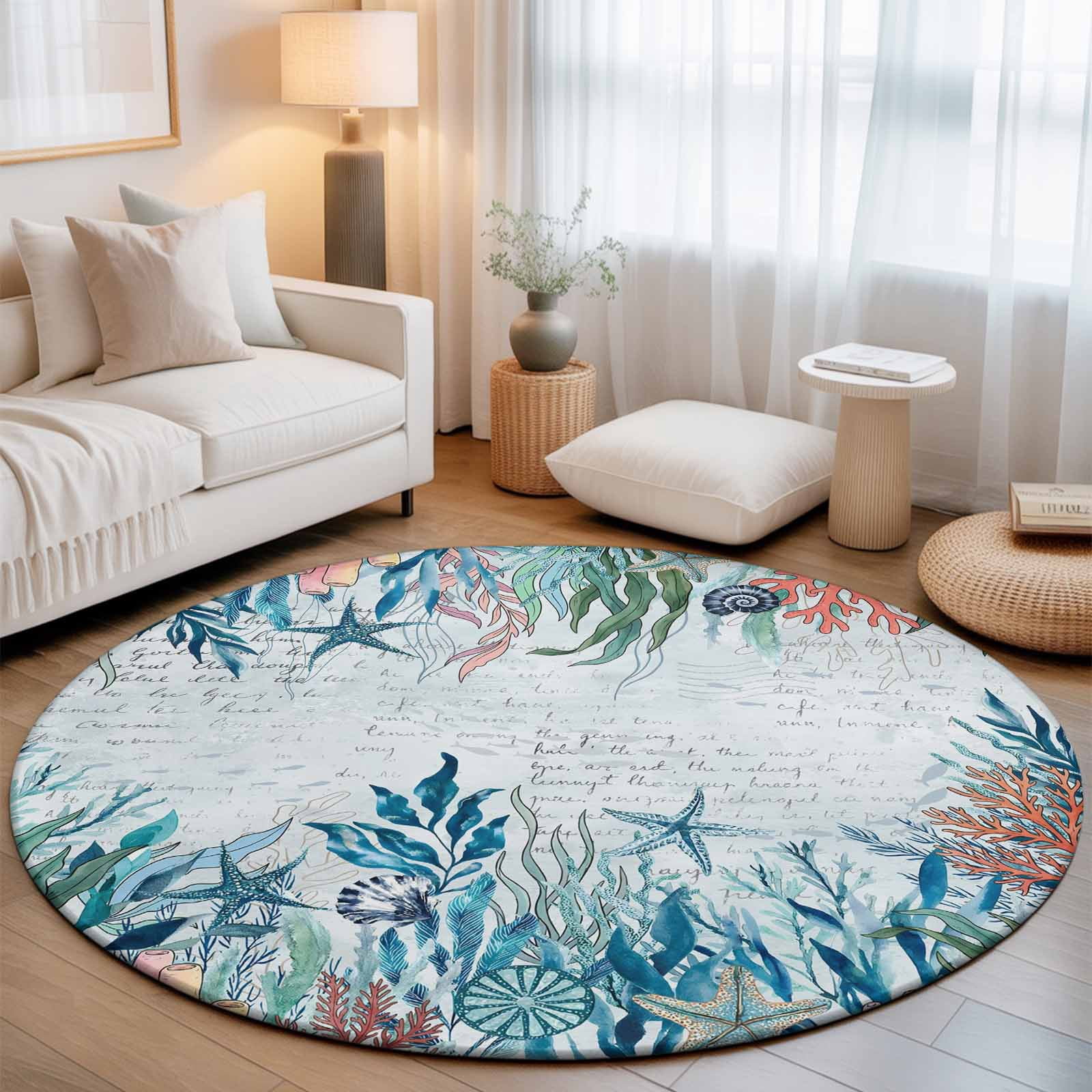 Round Area Rugs 7Ft, Vintage Coastal Coral Non-Slip Washable Circle Rugs Carpet, Nautical Blue Conch Starfish Ocean Indoor Outdoor Rug Floor Mats Throw Runner for Bedroom Living Room Bathroom