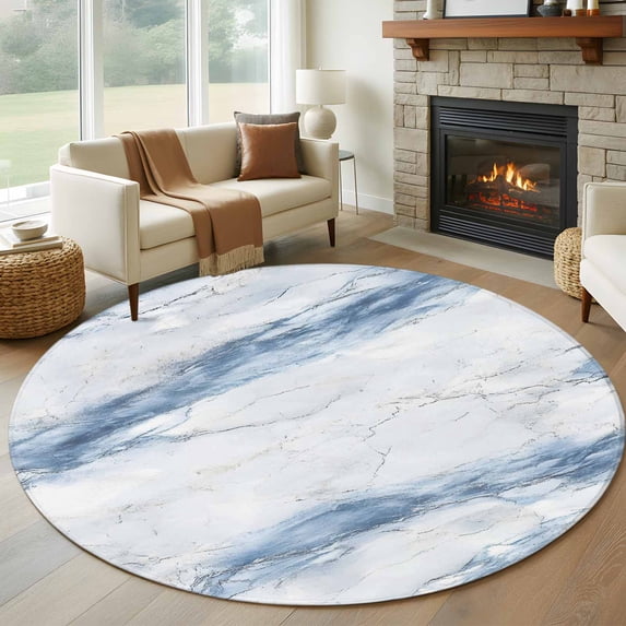 Round Area Rugs 8 Feet - Abstract Marble Texture Soft Indoor Throw Rugs Carpets for Living Dining Bedroom Kids Room Non-Slip Playroom Crawl Rug Floor Mats Modern Blue White Stone Art