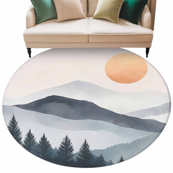 Round Area Rugs 8 Feet - Boho Sun Mountains Forest Shadow Soft Indoor Throw Rugs Carpets for Living Dining Bedroom Kids Room Non-Slip Playroom Crawl Rug Floor Mats Abstract Geometric