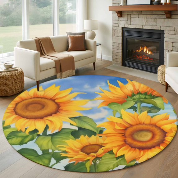 Round Area Rugs 8 Feet - Farm Spring Garden Sunflower Soft Indoor Throw Rugs Carpets for Living Dining Bedroom Kids Room Non-Slip Playroom Crawl Rug Floor Mats Floral Green Leaves Blue Sky