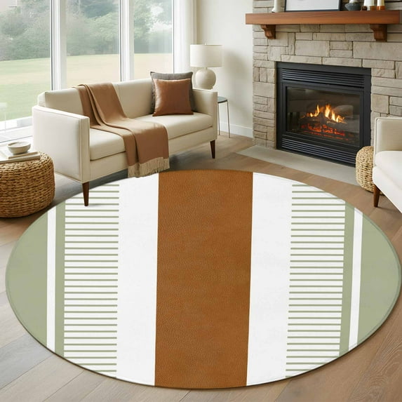 Round Area Rugs 8 Feet-Modern Minimalist Sage Green Stripe Soft Indoor Throw Rugs Carpets for Living Dining Bedroom Kids Room Non-Slip Playroom Crawl Rug Floor Mats Abstract Brown Leather Color Block
