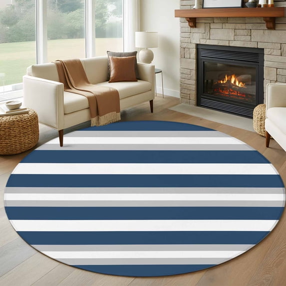 Round Area Rugs 8 Feet - Ocean Navy Blue Stripes Soft Indoor Throw Rugs Carpets for Living Dining Bedroom Kids Room Non-Slip Playroom Crawl Rug Floor Mats Gray Line Abstract Geometric