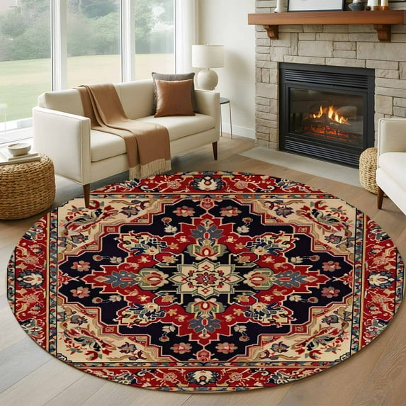 Round Area Rugs 8 Feet - Tribal Abstract Red Flower Art Soft Indoor Throw Rugs Carpets for Living Dining Bedroom Kids Room Non-Slip Playroom Crawl Rug Floor Mats Ethnic Floral Artwork