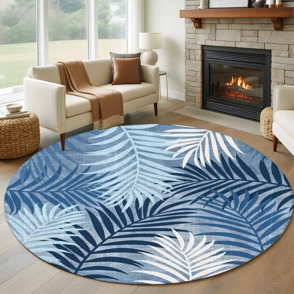 Round Area Rugs 8Ft, Navy Blue Palm Leaves Washable Rug for Living Room, Bedroom, Great Room, Summer Botanical Tropical Leaf Non Slip Area Rugs Low Pile Carpet for Home Decor