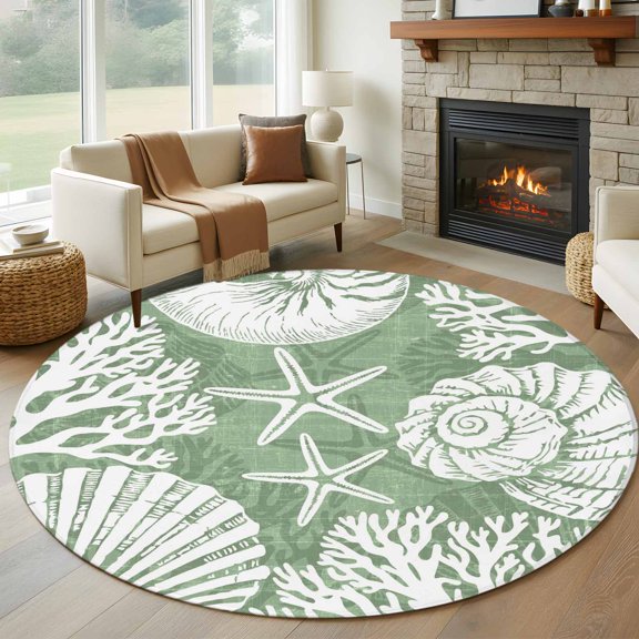 Round Area Rugs 8Ft, Sage Green Coastal Washable Rug for Living Room, Bedroom, Great Room, Conch Nautical Summer Starfish Shell Coral Non Slip Area Rugs Low Pile Carpet for Home Decor