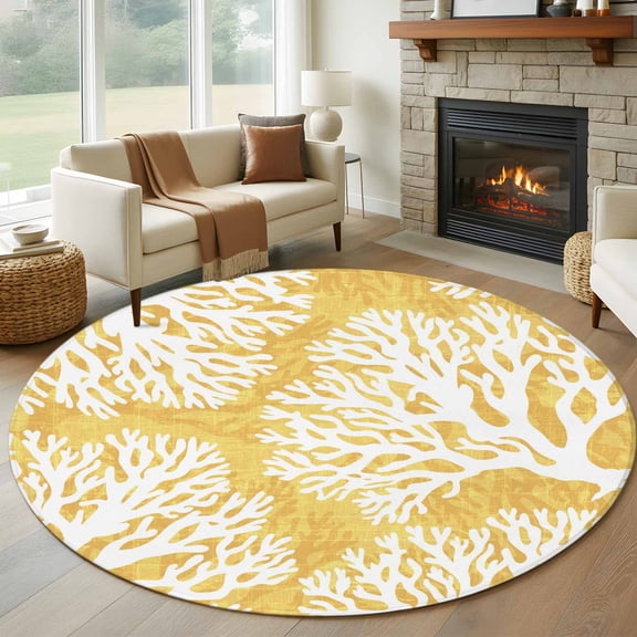 Round Area Rugs 8Ft, Yellow Coral Coastal Washable Rug for Living Room, Bedroom, Great Room, White Summer Beach Ocean Seaside Non Slip Area Rugs Low Pile Carpet for Home Decor