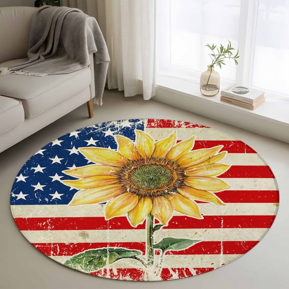 Round Area Rugs Collection 3.3 Ft, American Flag Non-Slip Residential Carpet, Sunflower Vintage USA Flag Indoor Crawling Mats Doormat Runner Rugs Play Mat for Bedroom