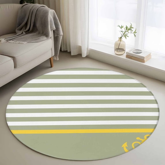 Round Area Rugs Collection 3.3 Ft, Anchor Sage Green Non-Slip Residential Carpet, Yellow Nautical White Geometric Stripe Indoor Crawling Mats Doormat Runner Rugs Play Mat for Bedroom