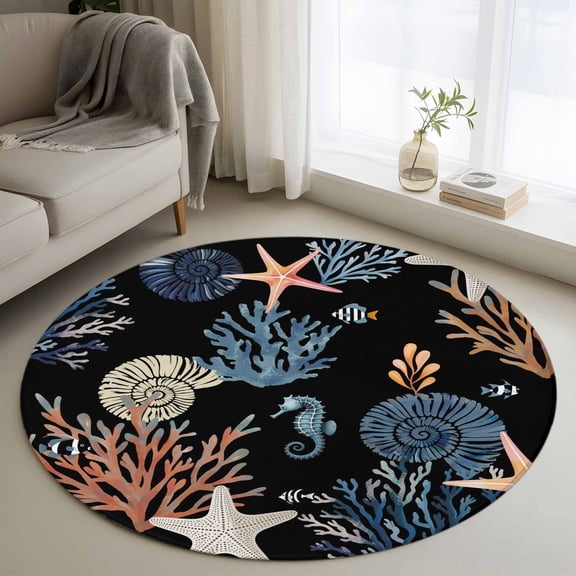 Round Area Rugs Collection 3.3 Ft, Black Blue Coastal Non-Slip Residential Carpet, Summer Beach Coral Shell Starfish Seahorse Indoor Crawling Mats Doormat Runner Rugs Play Mat for Bedroom