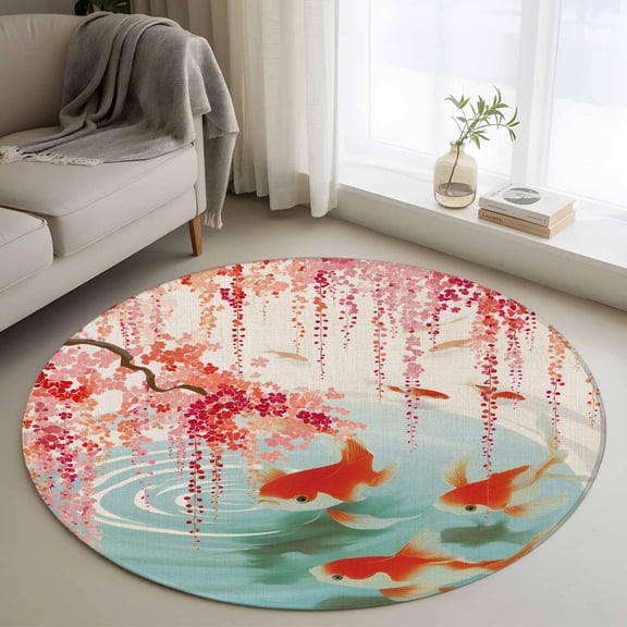 Round Area Rugs Collection 3.3 Ft, Cherry Blossoms Non-Slip Residential Carpet, Farmhouse Rustic Goldfish Burlap Indoor Crawling Mats Doormat Runner Rugs Play Mat for Bedroom