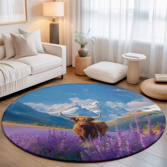 Round Area Rugs Collection 3.3 Ft, Farm Yak Non-Slip Residential Carpet, Blue Sky Lavender Botanical Mountain Indoor Crawling Mats Doormat Runner Rugs Play Mat for Bedroom