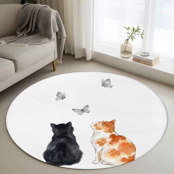 Round Area Rugs Collection 3.3 Ft, Funny Cat Non-Slip Residential Carpet, Simple Orange Black Cats Grey Butterfly Indoor Crawling Mats Doormat Runner Rugs Play Mat forBedroom