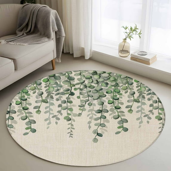 Round Area Rugs Collection 3.3 Ft, Green Eucalyptus Leaves Non-Slip Residential Carpet, Summer Botanical Weeping Rustic Indoor Crawling Mats Doormat Runner Rugs Play Mat for Bedroom
