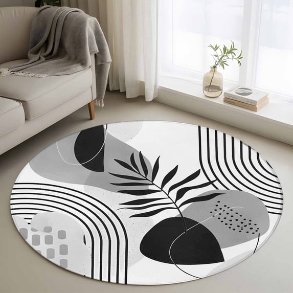 Round Area Rugs Collection 3.3 Ft, Grey Boho Geometric Non-Slip Residential Carpet, Vintage Ethnic Abstract Lines Leaves Indoor Crawling Mats Doormat Runner Rugs Play Mat for Bedroom
