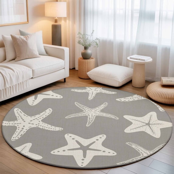 Round Area Rugs Collection 3.3 Ft, Grey Starfish Coastal Non-Slip Residential Carpet, Nautical Summer Ocean Abstract Art Indoor Crawling Mats Doormat Runner Rugs Play Mat for Bedroom