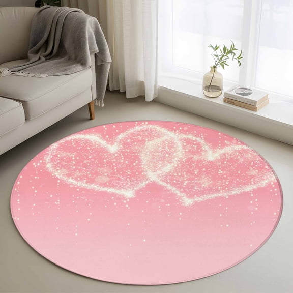 Round Area Rugs Collection 3.3 Ft, Happy Valentine's Day Non-Slip Residential Carpet, Pink Shining Love Heart Romantic Indoor Crawling Mats Doormat Runner Rugs Play Mat for Bedroom