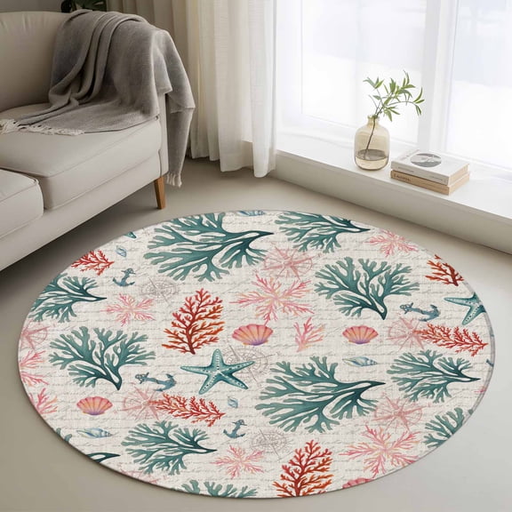 Round Area Rugs Collection 3.3 Ft, Sage Green Red Coral Non-Slip Residential Carpet, Coastal Nautical Summer Beach Indoor Crawling Mats Doormat Runner Rugs Play Mat for Bedroom