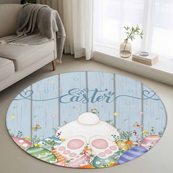 Round Area Rugs Collection 3.3 Ft, Spring Easter Non-Slip Residential Carpet, Rabbit Ears Foot Colorful Eggs Wooden Plank Indoor Crawling Mats Doormat Runner Rugs Play Mat forBedroom