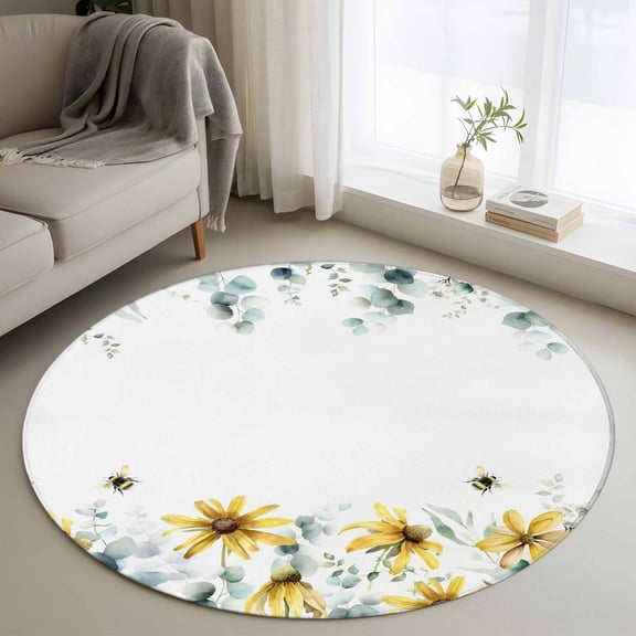 Round Area Rugs Collection 3.3 Ft, Sunflowers Bees Non-Slip Residential Carpet, Spring Watercolor Eucalyptus Leaves Indoor Crawling Mats Doormat Runner Rugs Play Mat for Bedroom