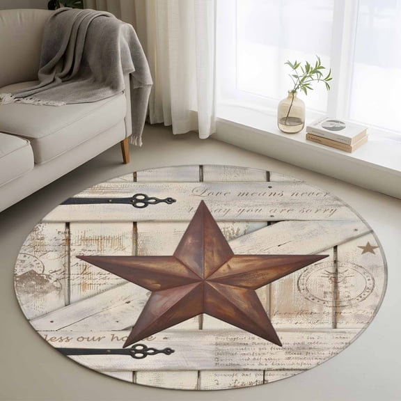 Round Area Rugs Collection 3.3 Ft, Texas Star Vintage Non-Slip Residential Carpet, Retro Brown Berry Wooden Indoor Crawling Mats Doormat Runner Rugs Play Mat for Bedroom