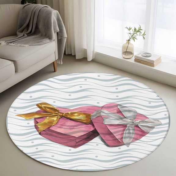 Round Area Rugs Collection 3.3 Ft, Valentine's Day Non-Slip Residential Carpet, Pink Love Box Abstract Point Stripes Indoor Crawling Mats Doormat Runner Rugs Play Mat for Bedroom