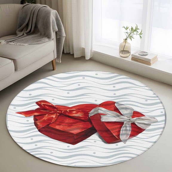 Round Area Rugs Collection 3.3 Ft, Valentine's Day Non-Slip Residential Carpet, Red Love Gift Box Abstract Dots Stripes Indoor Crawling Mats Doormat Runner Rugs Play Mat for Bedroom