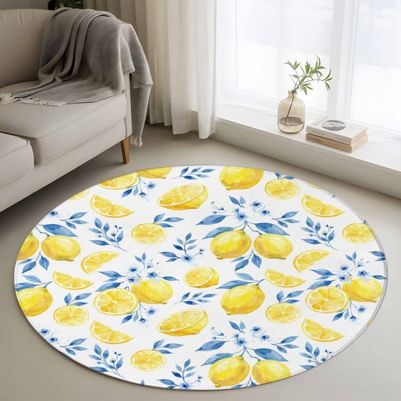 Round Area Rugs Collection 3.3 Ft, Watercolor Lemons Non-Slip Residential Carpet, Summer Farmhouse Blue Floral Indoor Crawling Mats Doormat Runner Rugs Play Mat forBedroom