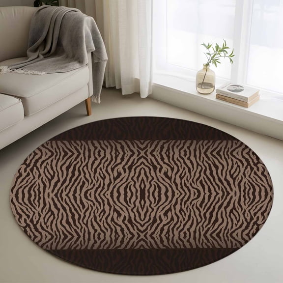 Round Area Rugs Collection 3.3 Ft, Zebras Print Non-Slip Residential Carpet, Abstract Animal Skin Texture Brown Indoor Crawling Mats Doormat Runner Rugs Play Mat for Bedroom