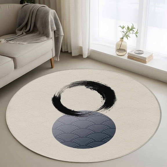 Round Area Rugs Collection 3 Ft, Abstract Art Sun Non-Slip Residential Carpet, Modern Art Black Round Rustic Indoor Crawling Mats Doormat Runner Rugs Play Mat for Bedroom
