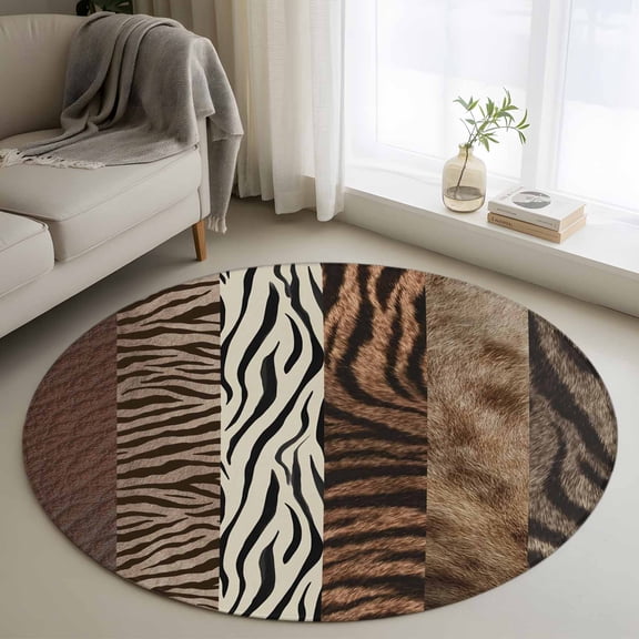Round Area Rugs Collection 3 Ft, Animals Printed Striped Non-Slip Residential Carpet, Rustic Country Zebra Textured Indoor Crawling Mats Doormat Runner Rugs Play Mat for Bedroom