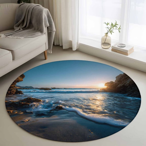 Round Area Rugs Collection 3 Ft, Beach Reef Non-Slip Residential Carpet, Shiny Sunset Ocean Waves Natural Seaside Indoor Crawling Mats Doormat Runner Rugs Play Mat for Bedroom