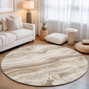 Round Area Rugs Collection 3 Ft, Beige Marble Non-Slip Residential Carpet, Modern Ink Painting Abstract Art Indoor Crawling Mats Doormat Runner Rugs Play Mat for Bedroom