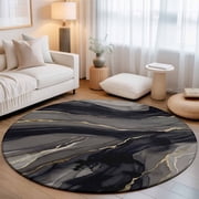 Round Area Rugs Collection 3 Ft, Black Grey Marble Non-Slip Residential Carpet, Modern Ink Painting Abstract Art Indoor Crawling Mats Doormat Runner Rugs Play Mat for Bedroom