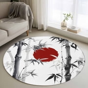Round Area Rugs Collection 3 Ft, Black White Botanical Non-Slip Residential Carpet, Red Moon Ink Wash Art Indoor Crawling Mats Doormat Runner Rugs Play Mat forBedroom