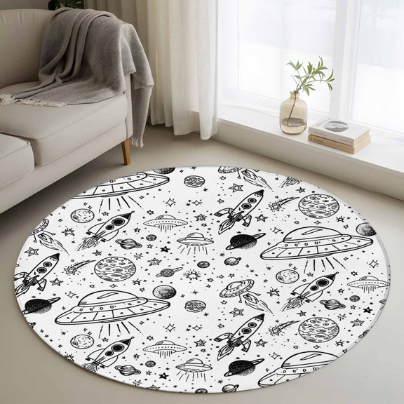 Round Area Rugs Collection 3 Ft, Black White Cartoon Space Non-Slip Residential Carpet, Star Spacecraft Rocket Meteorite Indoor Crawling Mats Doormat Runner Rugs Play Mat forBedroom